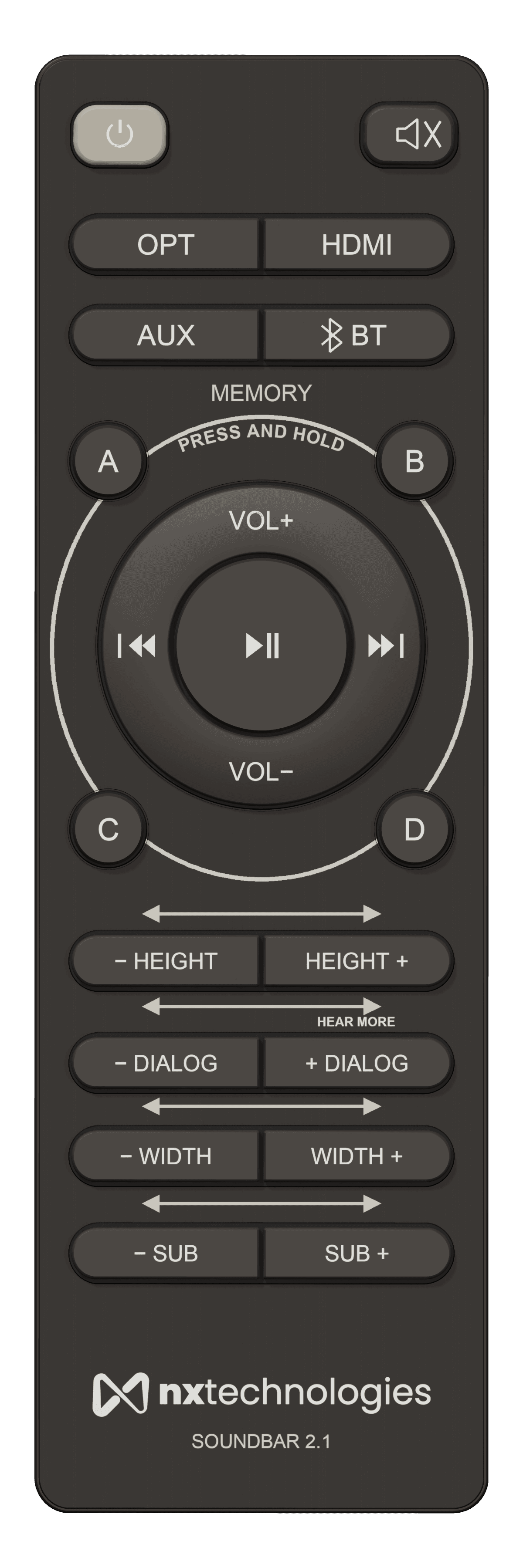 NXBAR 2.1 remote with the HearMore CENTER+ button engaged
